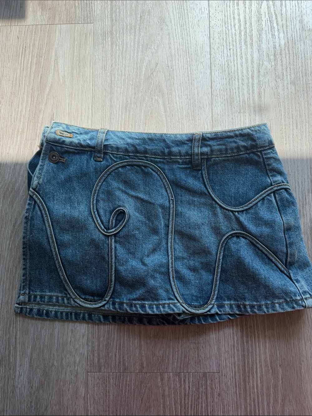 Free People Dark Blue Denim Mini Skirt with Swirl Seamed Detail
